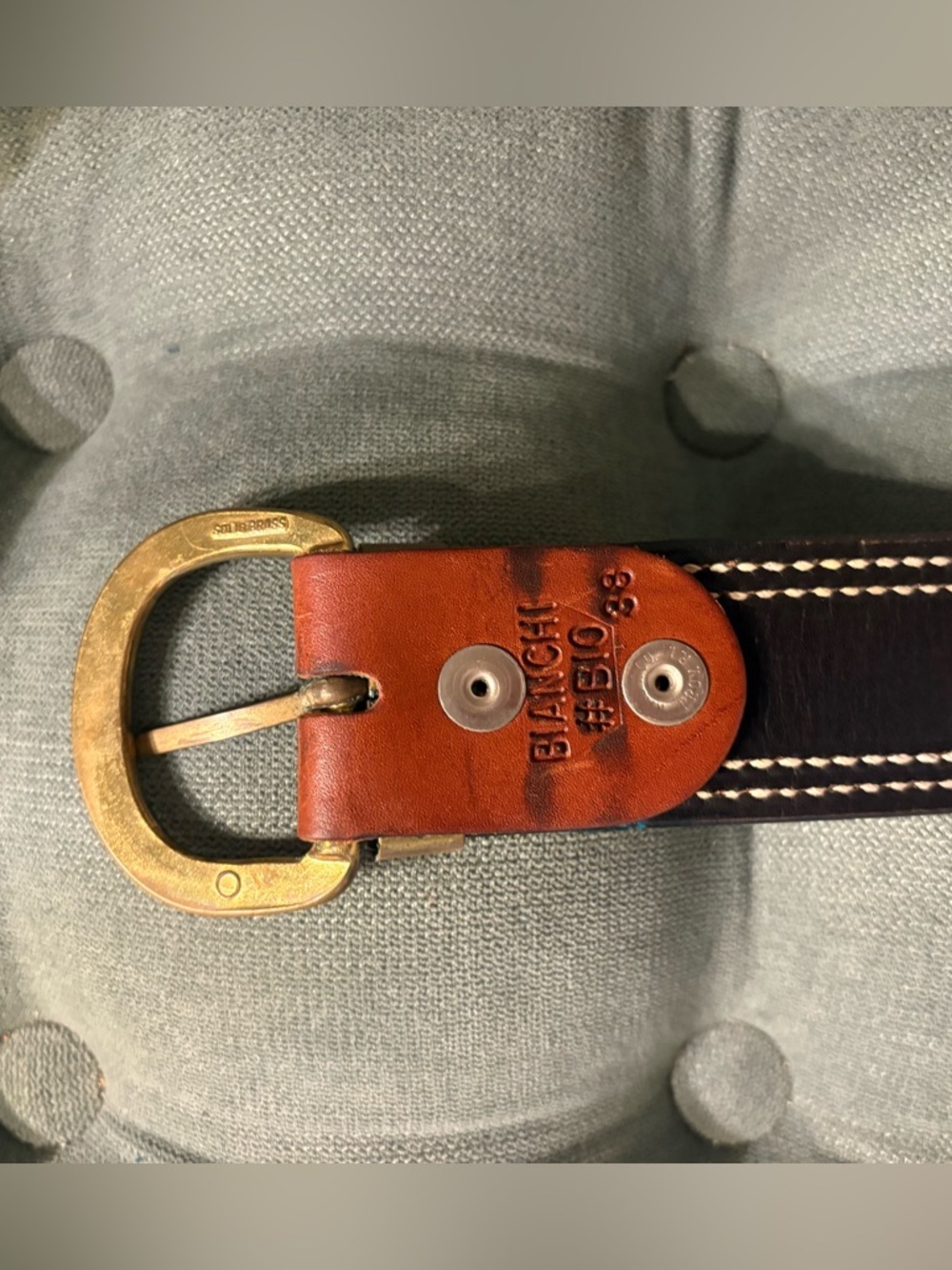 Bianchi Western Belt Brown Brass Buckle Geometric Stitching Men's ~ Size 45in - Picture 7 of 14